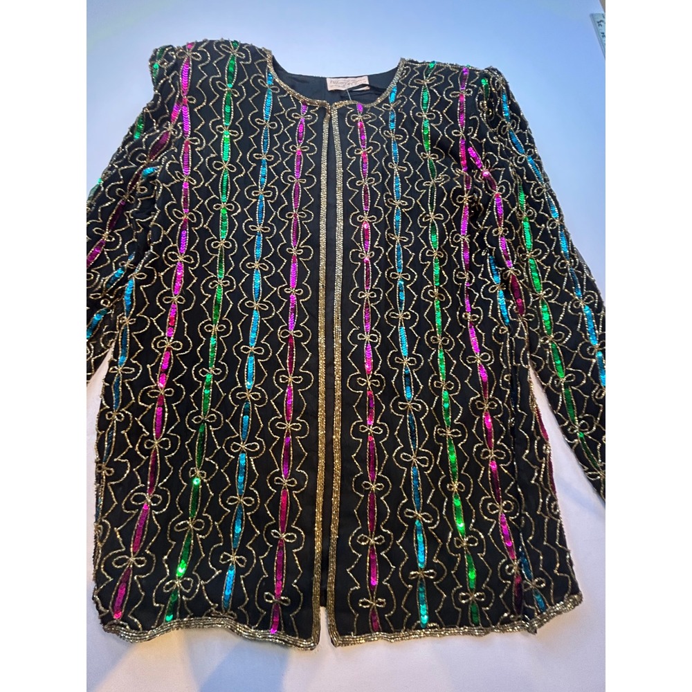 Tiffany's Closet Beaded Silk Jacket Women S Black Multi Sequin Vintage Evening